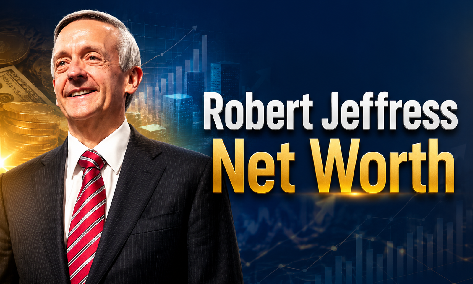 Robert Jeffress Net Worth featured image showing pastor Robert Jeffress with financial charts and luxury blue background