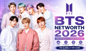 BTS Networth 2026 featured image showing the seven BTS members with the BTS logo representing their estimated wealth and income.