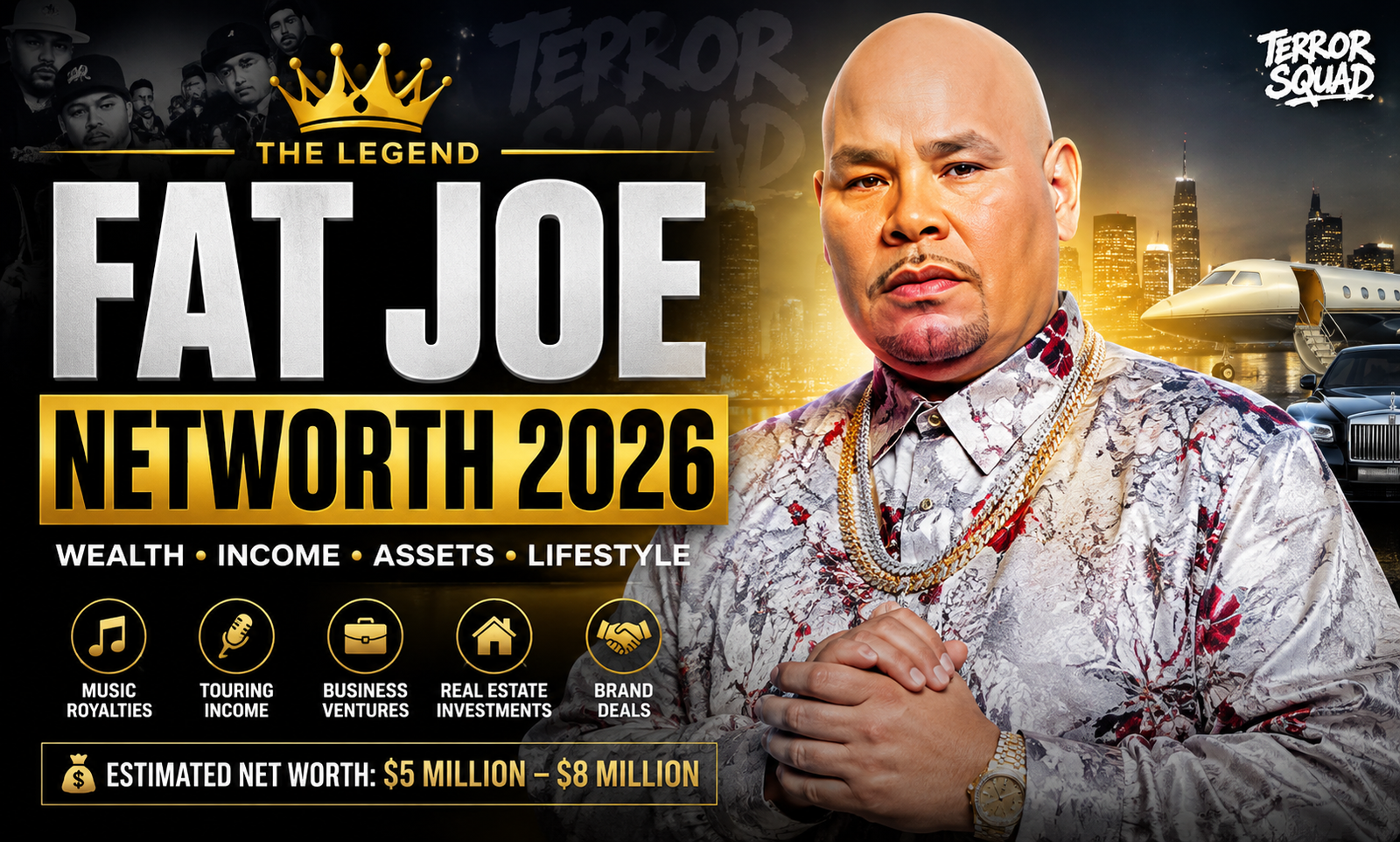 Fat Joe Networth 2026 featured image showing American rapper Fat Joe with estimated $5–8 million net worth, luxury lifestyle, music career, and business ventures.