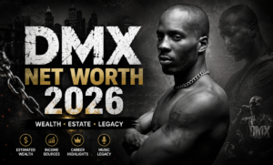 DMX Net Worth 2026 featured image showing rapper DMX with bold text highlighting his estimated wealth, estate, income sources, career highlights, and music legacy.